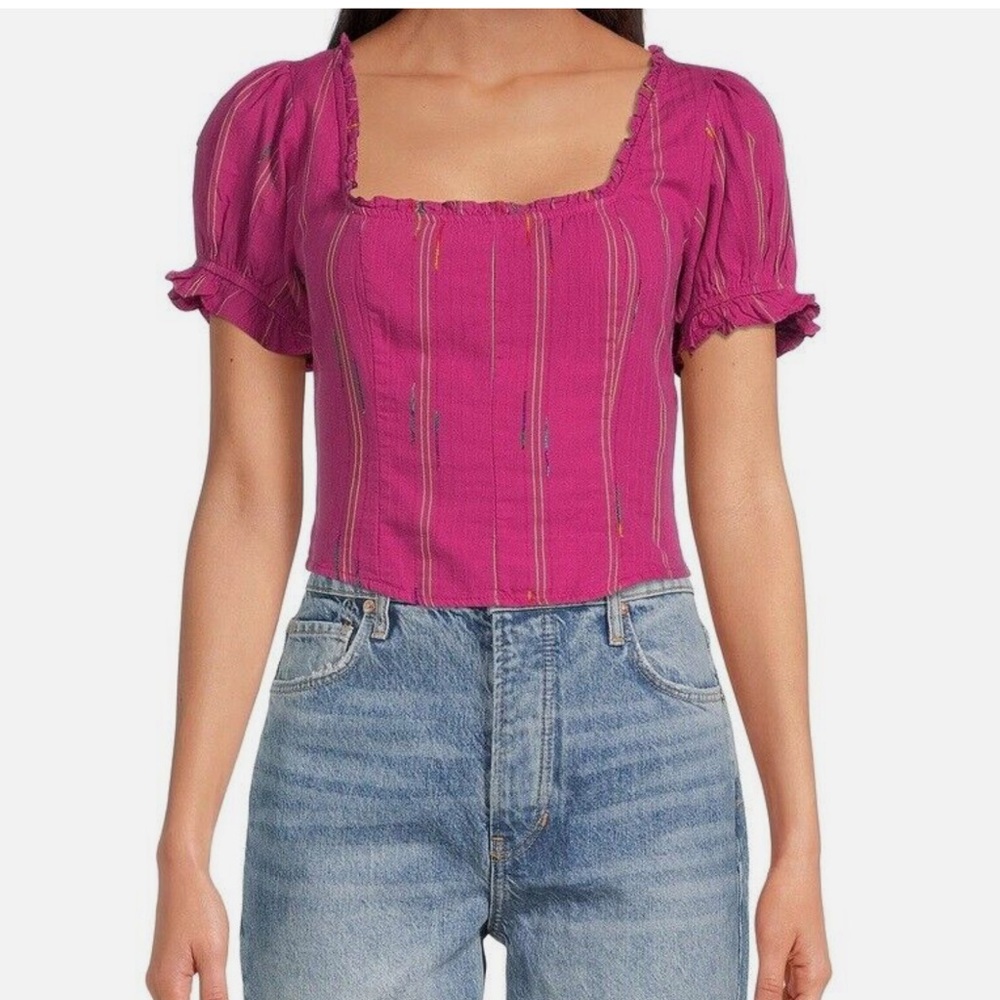 🆕FREE PEOPLE SERATONIN SMOCKED BLOUSE STRIPED RASPBERRY SHERBET (Sz S)